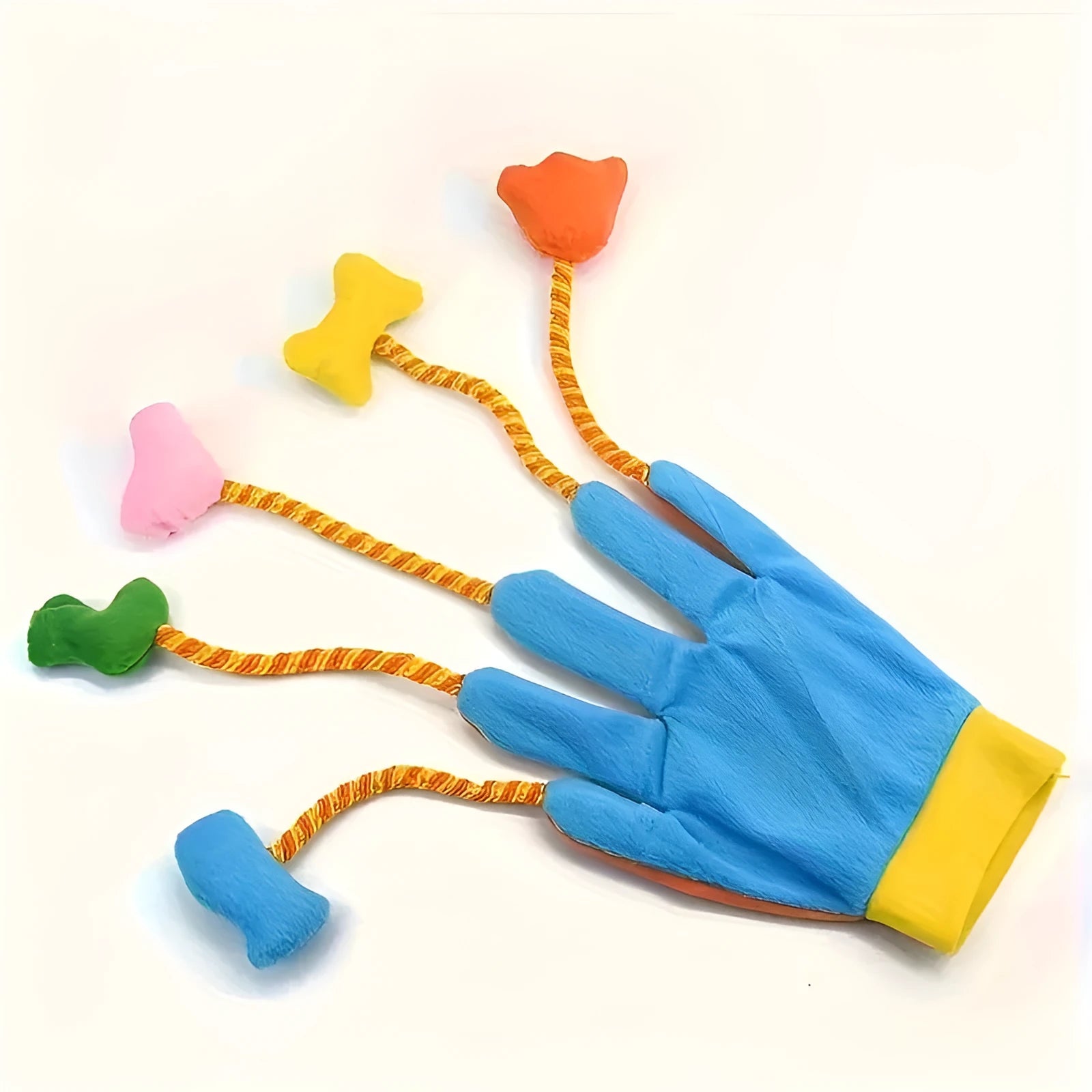 Yellow blue magic glove pet toy with plush trailer and integrated bell for interactive cat and dog play