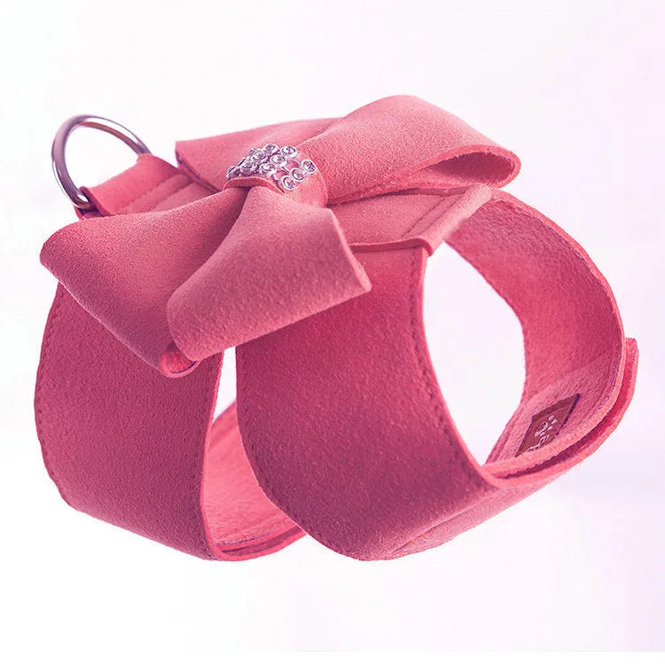 Dog chest strap with bowknot detail in microfiber available in pink, blue, and orange colours