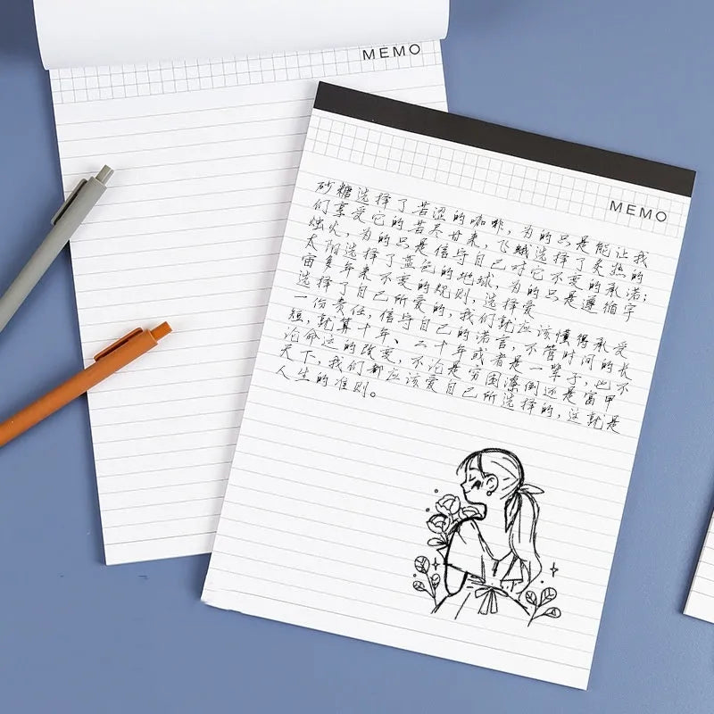 A4 tearable notebook with grid-lined ivory pages and wireless adhesive binding, shown in both A4 and A5 sizes