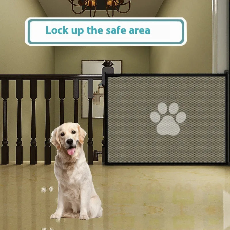 Portable folding dog barrier net with plastic support rods showing dog footprint pattern on doorsill