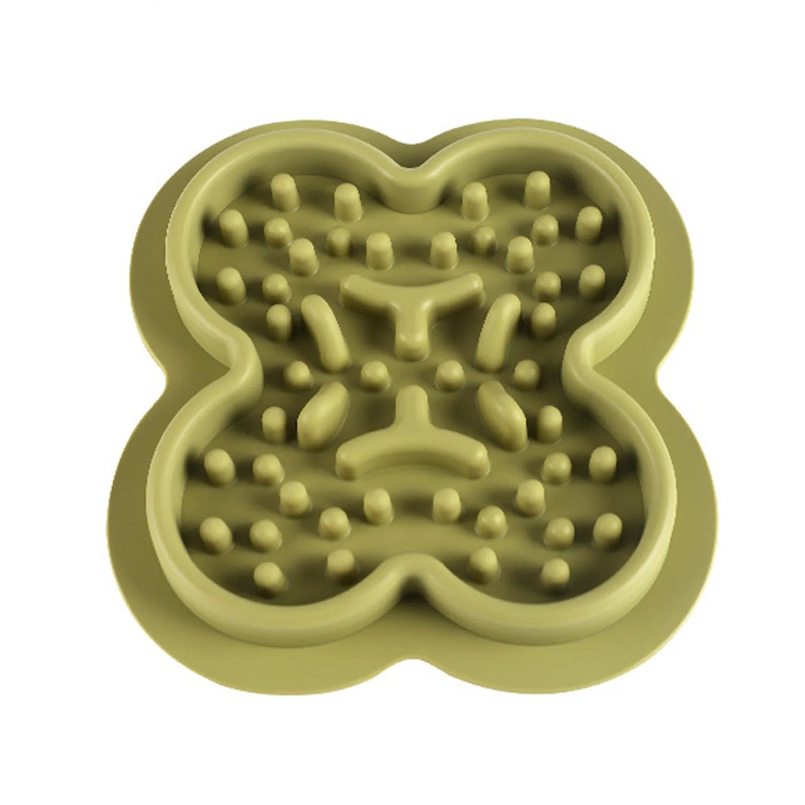 Silicone pet slow feeder licking mat with raised edges in assorted colours on a kitchen floor.
