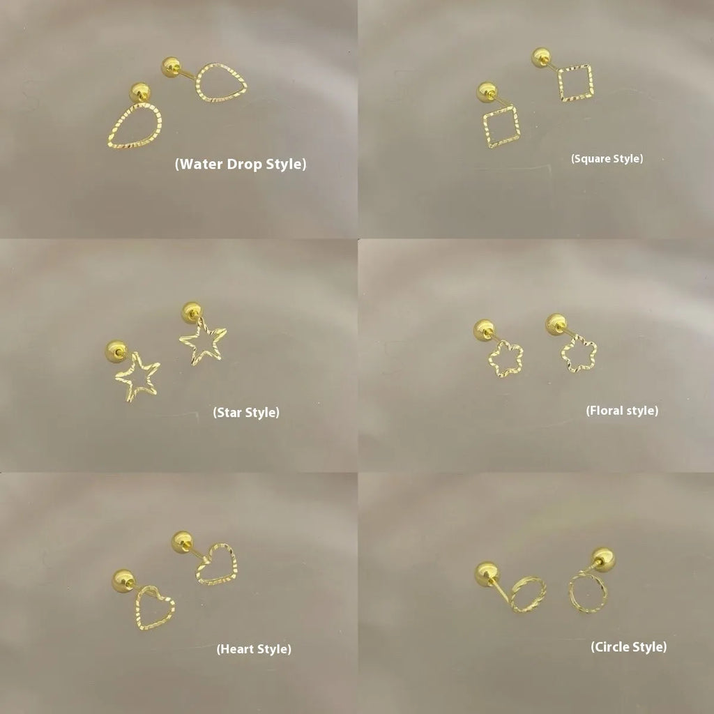 Small spiral geometric ear studs in gold hollow thread design with mixed material build and electroplated finish