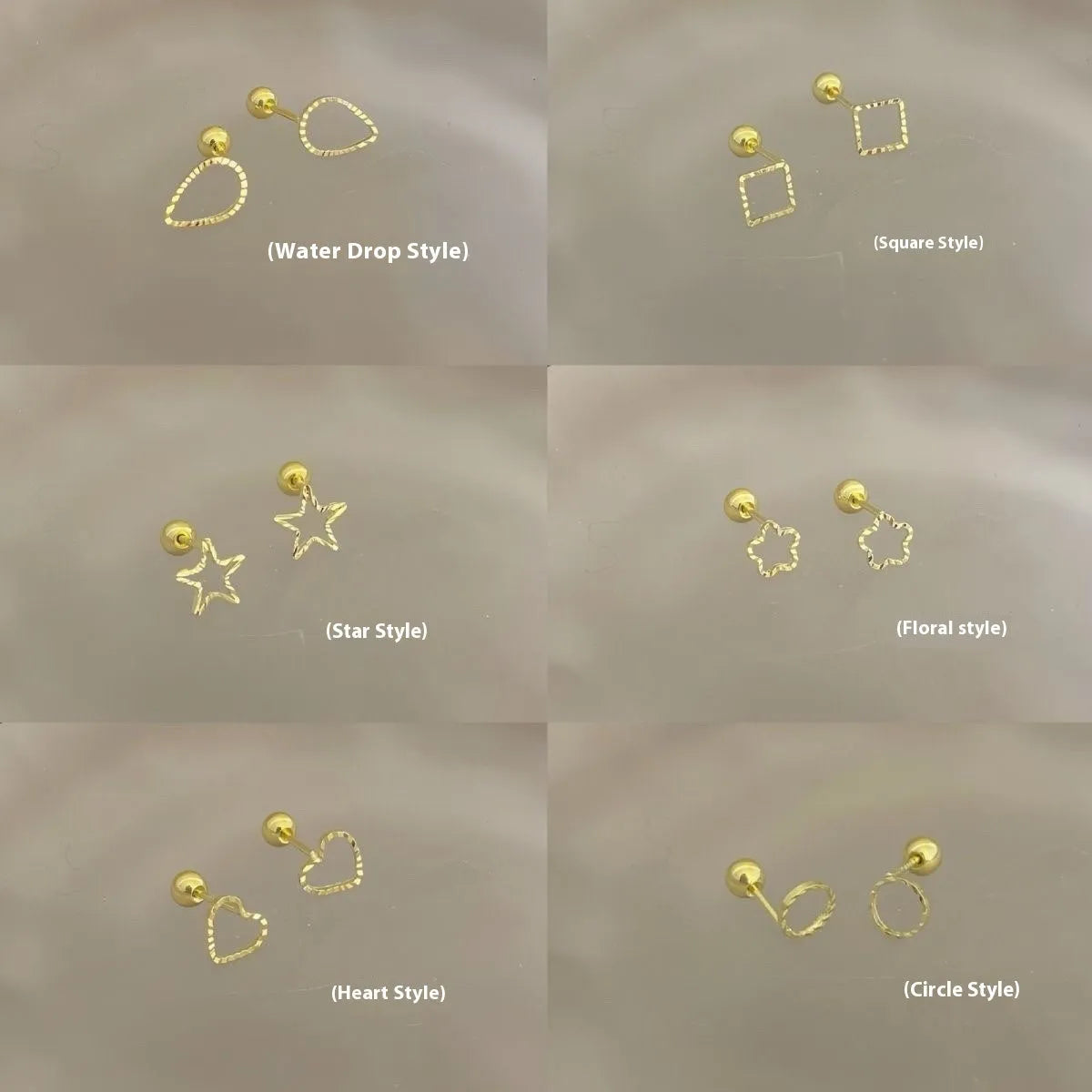 Small spiral geometric ear studs in gold hollow thread design with mixed material build and electroplated finish