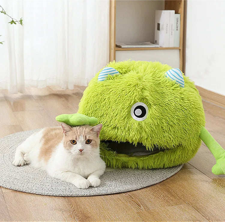 Fluffy round cat bed with plush material in three size options for indoor pets