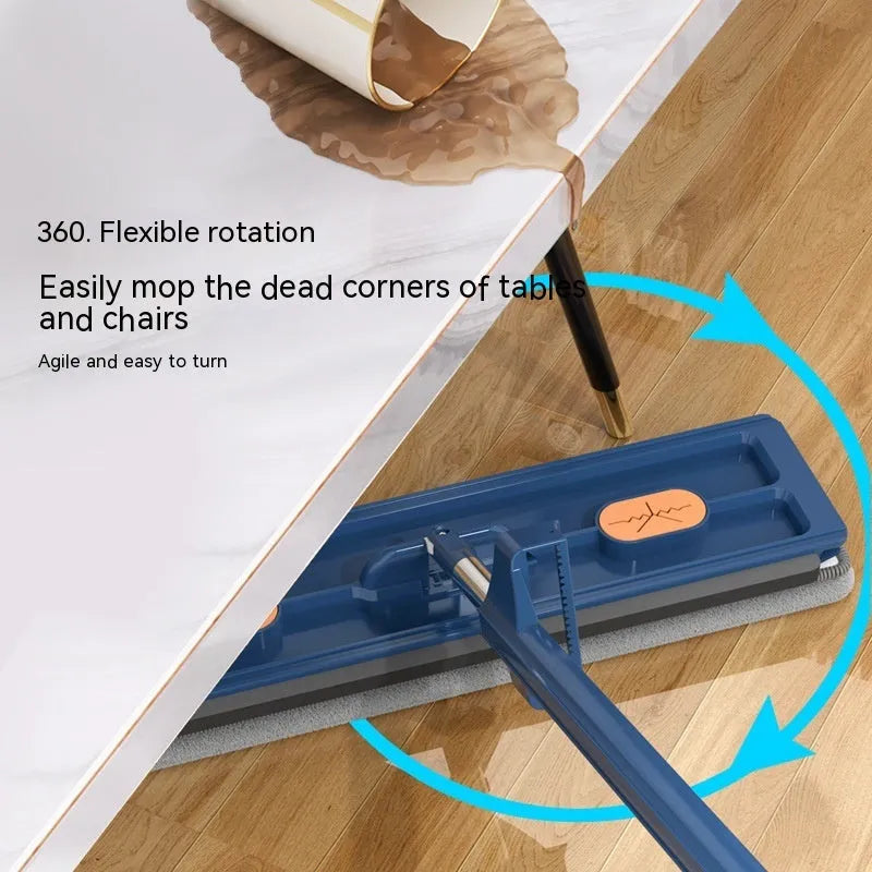 Large flat mop with blue cloth on a wooden floor, showing its 360-degree rotating head and long stainless steel handle.