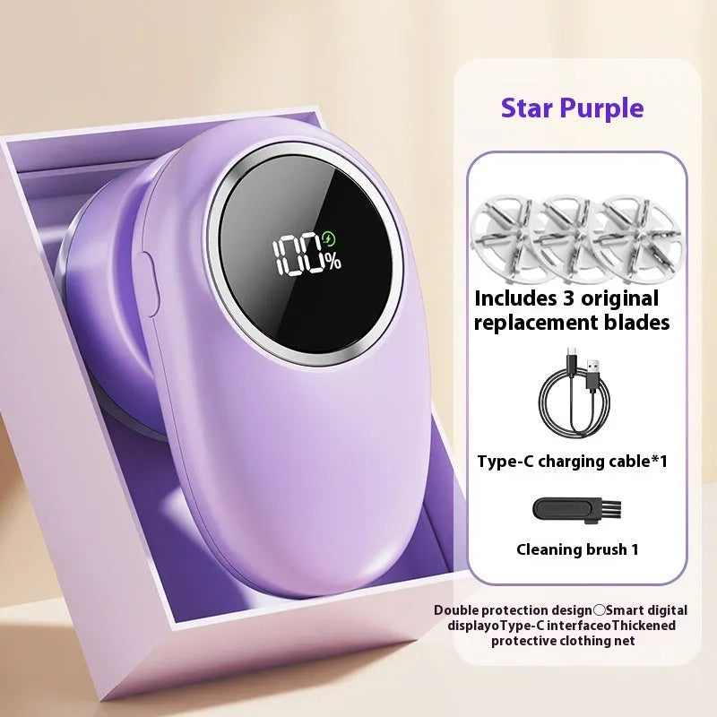 Purple and beige digital fur ball trimmer lint remover with adjustable cutter heads and a USB cable.