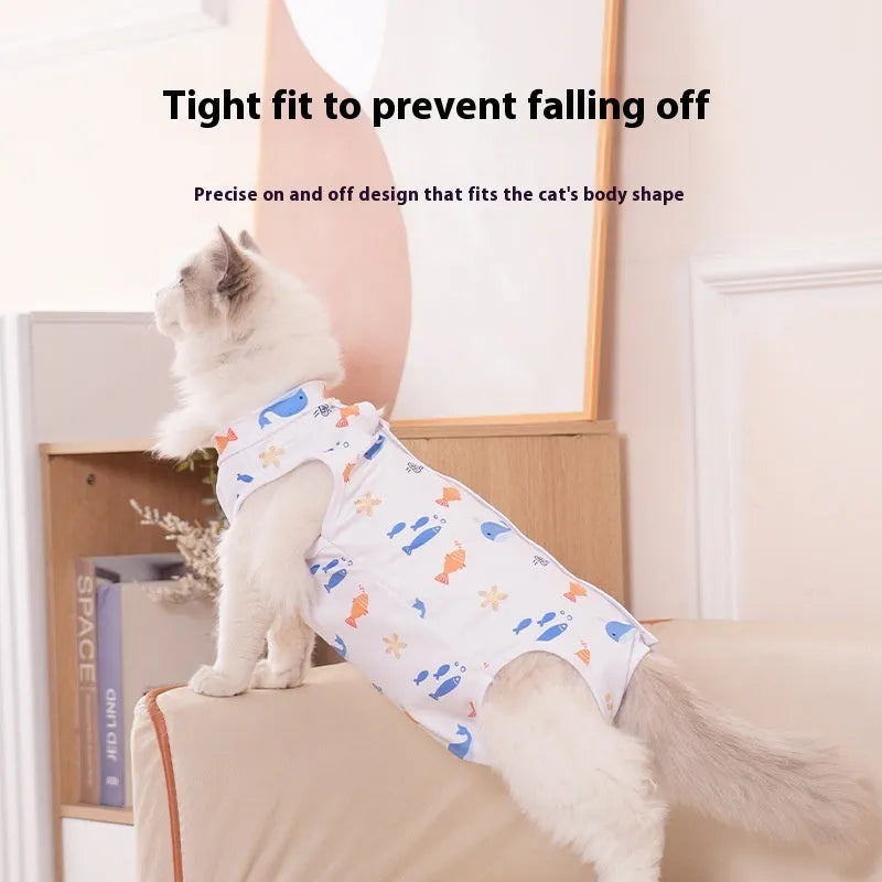 Cat wearing sterilisation recovery suit with full-body coverage and velcro closure