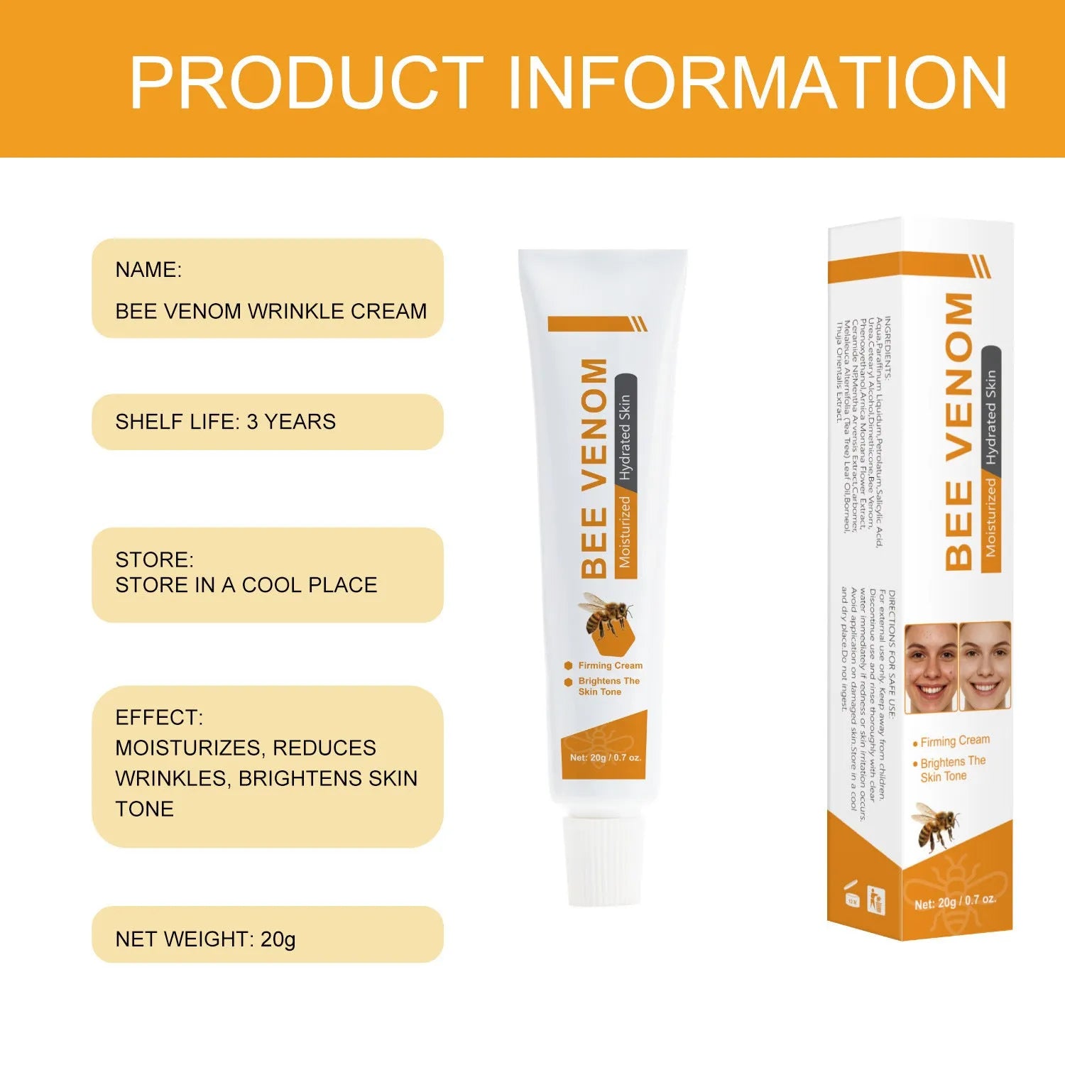 BEE branded facial and neck care cream in a white 20g jar.