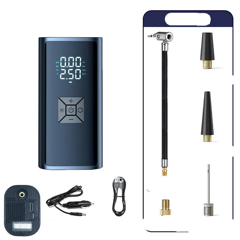 Portable wireless digital display tyre pump with inflatable tube and power cables
