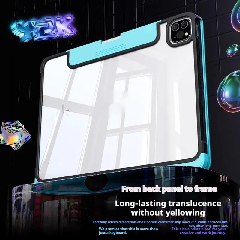 Blue shockproof PC keyboard case for iPad Pro 11-inch and iPad Air 13-inch tablets on a table.