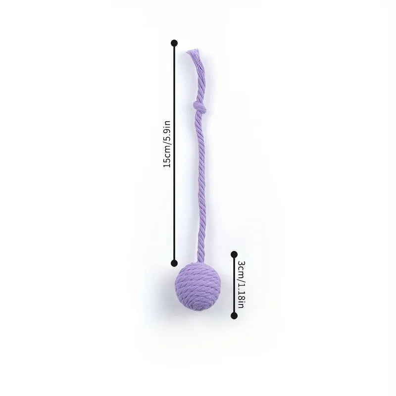 Cat toy ball with rope and bell in green, pink, purple, or yellow colour, small 3cm or medium 6cm size
