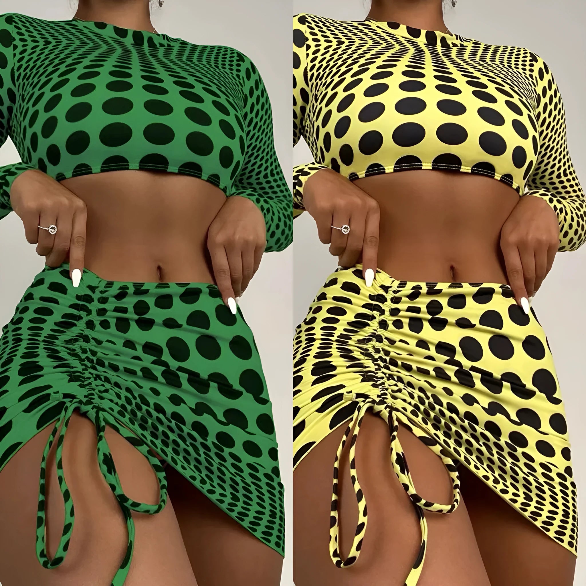 Women's green polka dot three-piece swimsuit set showing bra top and matching skirt