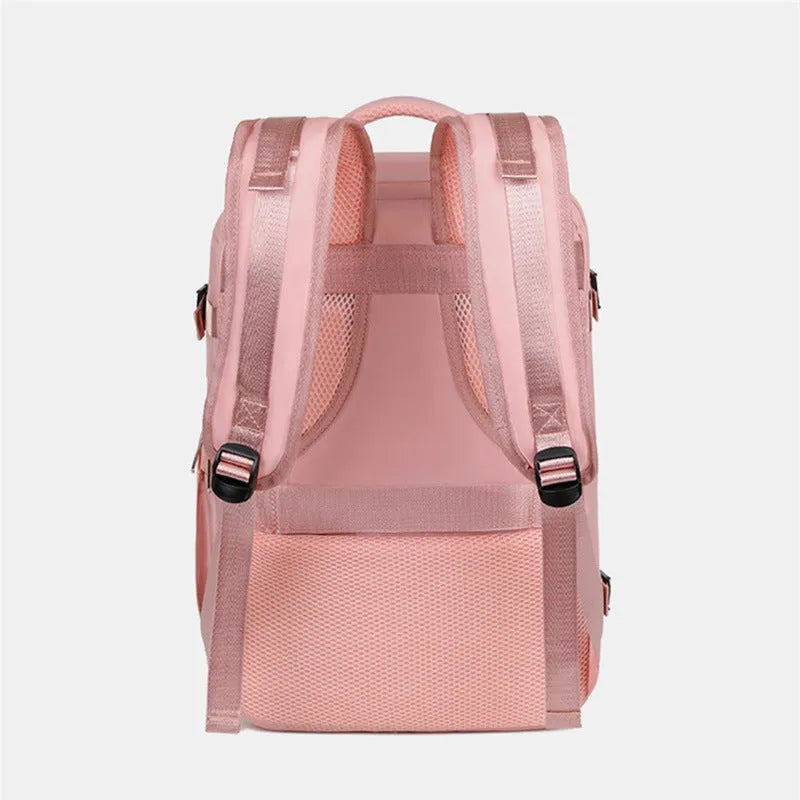 Women's large-capacity travel backpack in purple with organisational compartments and waterproof Oxford cloth construction