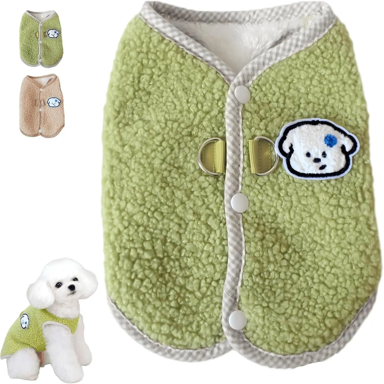 Green coral fleece dog sweatshirt vest with leash ring on small dog