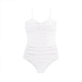 Women's black suspender strap one-piece swimsuit with a high-waisted slimming design on a mannequin.