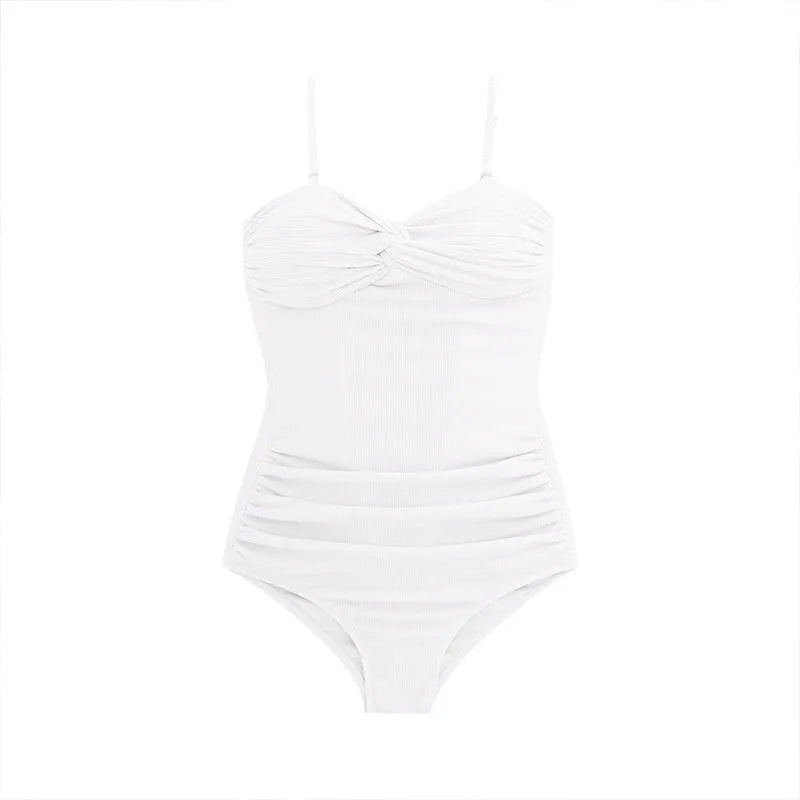 Women's black suspender strap one-piece swimsuit with a high-waisted slimming design on a mannequin.