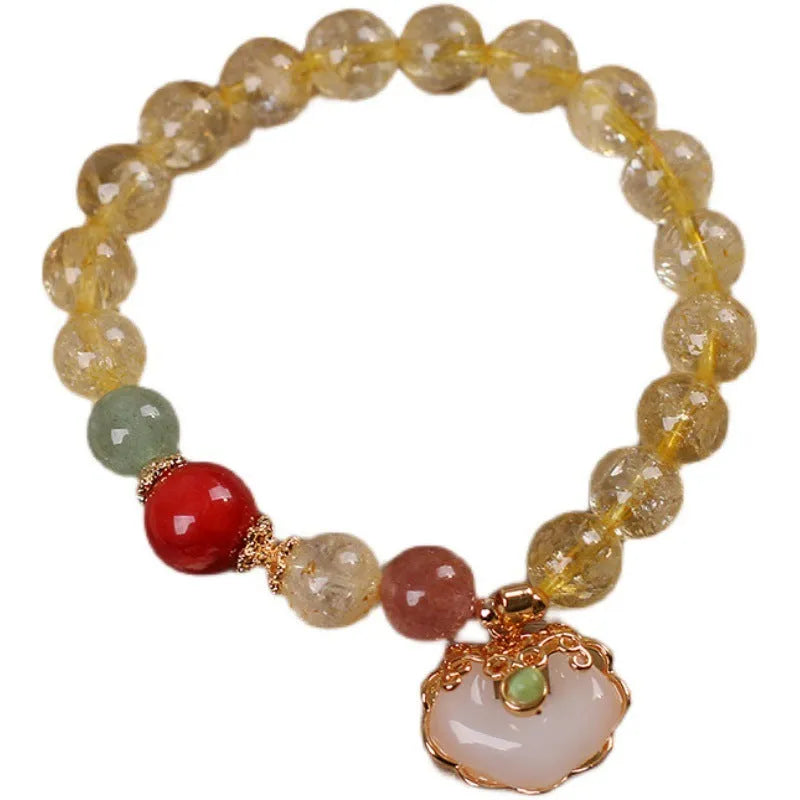 Women's natural citrine jade ruyi pendant bracelet with yellow crystal stone and adjustable alloy clasp