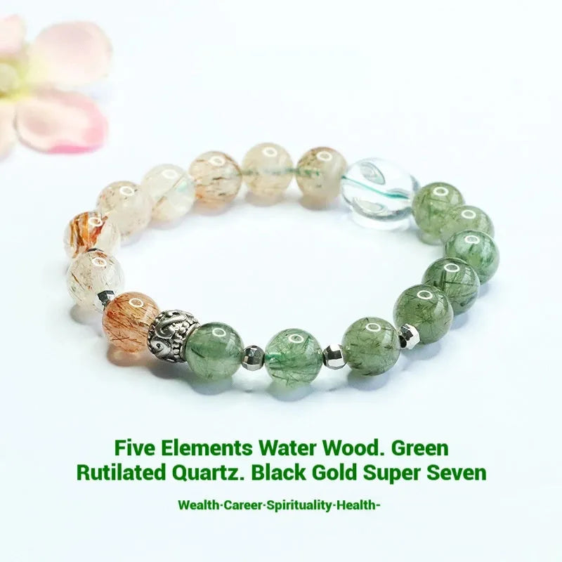 Natural green quartz rutilated black gold Super Seven bracelet approximately 8.5mm beads Chinese style stone accessory