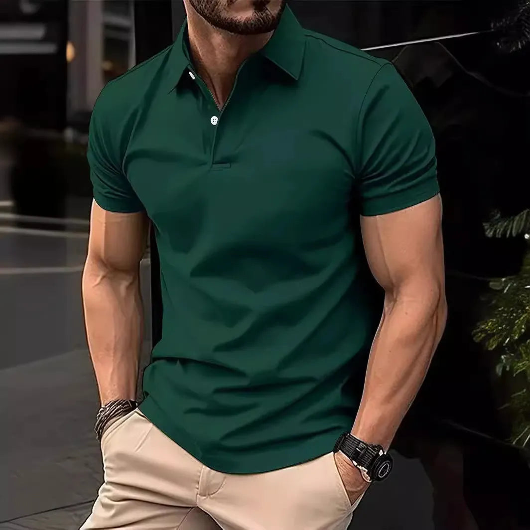 Men's slim-fit cotton-blend short-sleeve button-up shirt in solid colours on a size chart background.