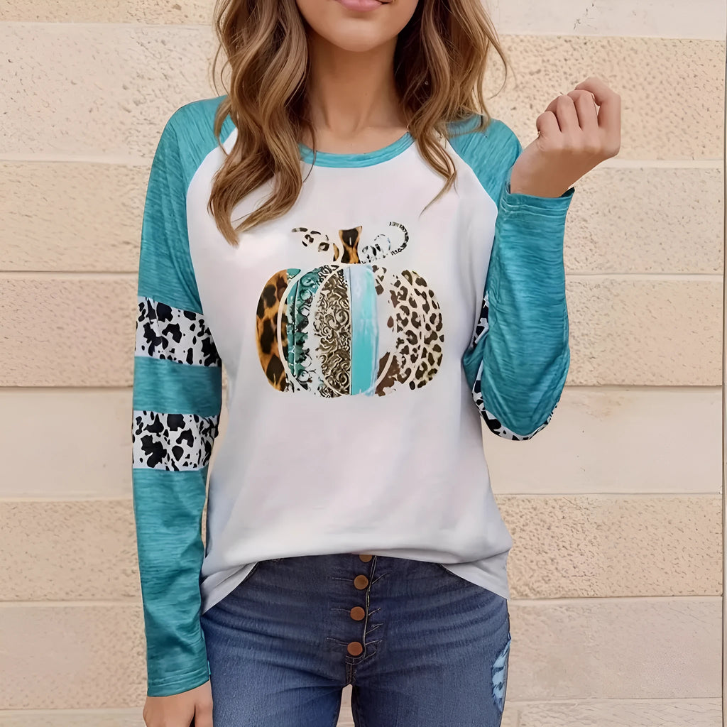 Halloween pumpkin 3D digital printed sky blue T-shirt with Japanese Korean casual style
