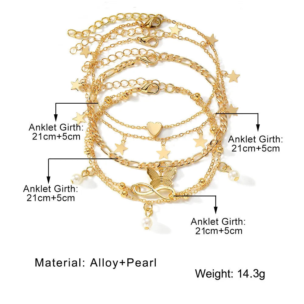 Butterfly love anklet set of 4 pieces with pearl and heart charms on alloy chains
