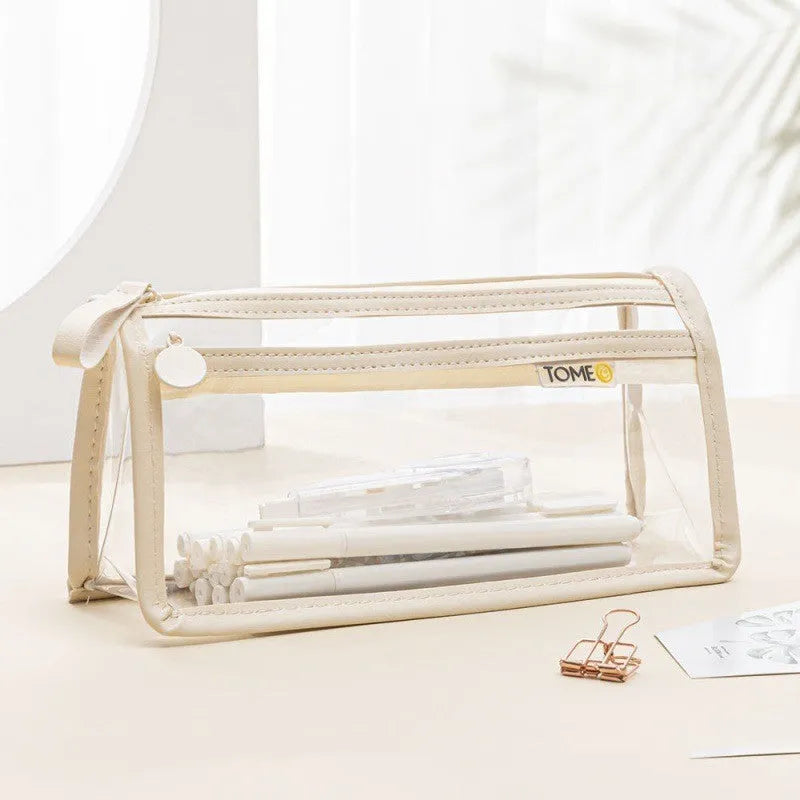 Transparent double-layer pencil case showing two compartments, 220x110x80mm dimensions
