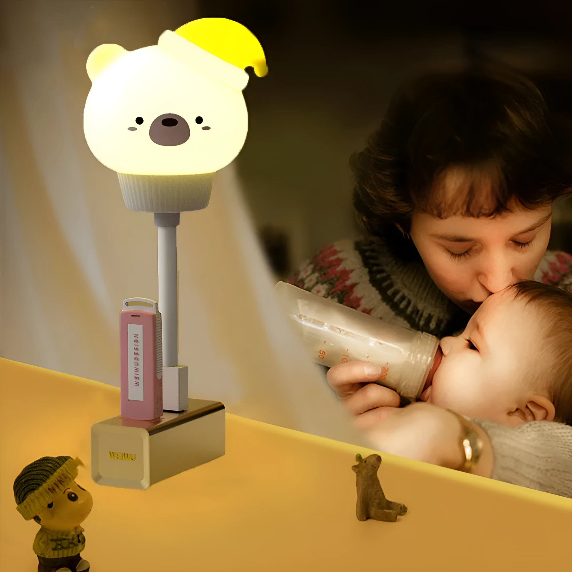 Cartoon bear or rabbit USB LED night light with remote control on a bedside table