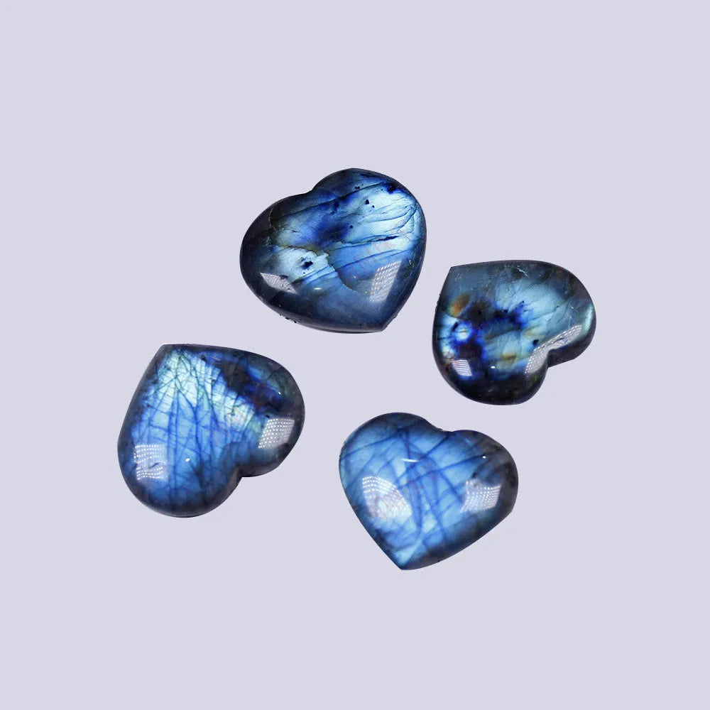 Natural pulled feldspar crystal heart pendant with handle design in blue moonlight colouration showing size options