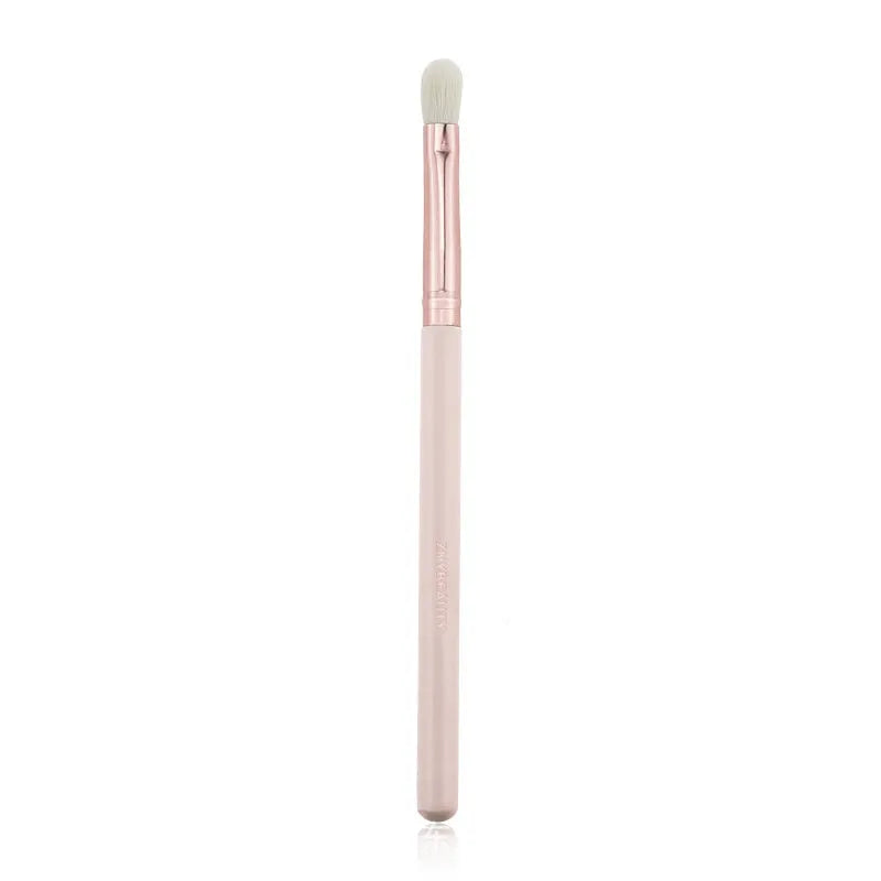 26-piece pink makeup brush set with wooden handles in protective roll case