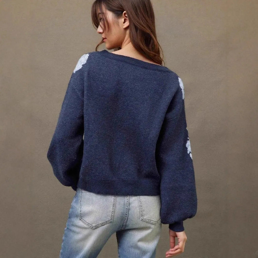 Women's sapphire blue loose pullover with floral jacquard pattern and off-neck design