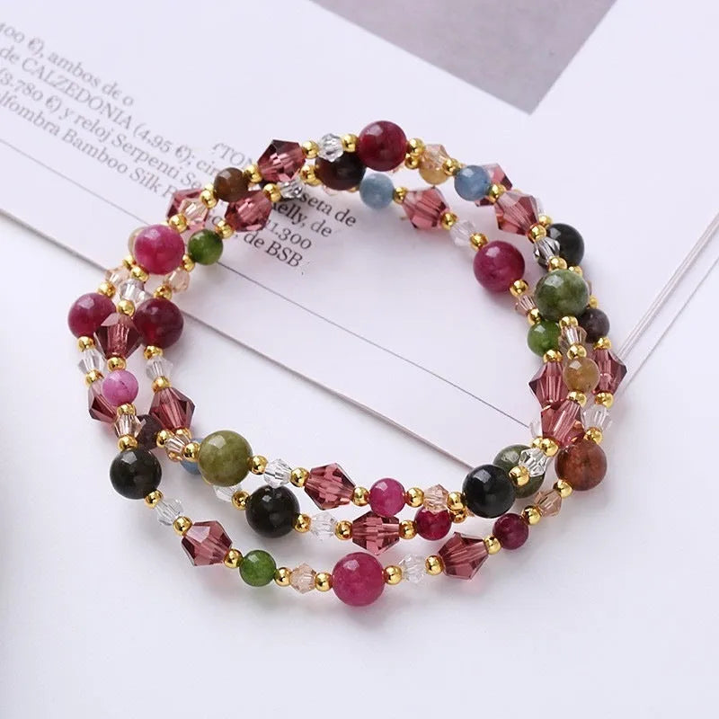 Women's colourful three-ring crystal bracelet with adjustable cord in tourmaline, quartz, or amethyst
