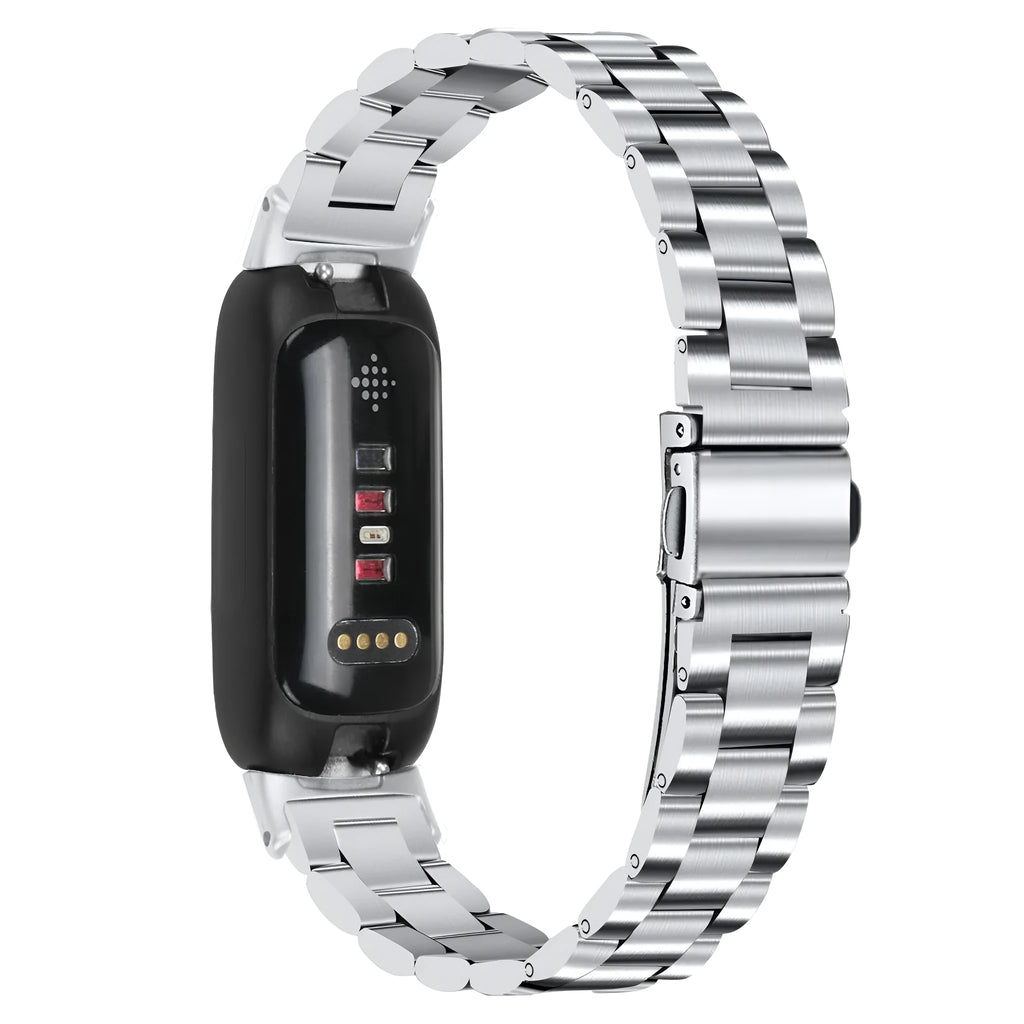 Stainless steel three-bead watch strap for Fitbit Inspire 3 fitness tracker showing adjustable clasp and bead detail