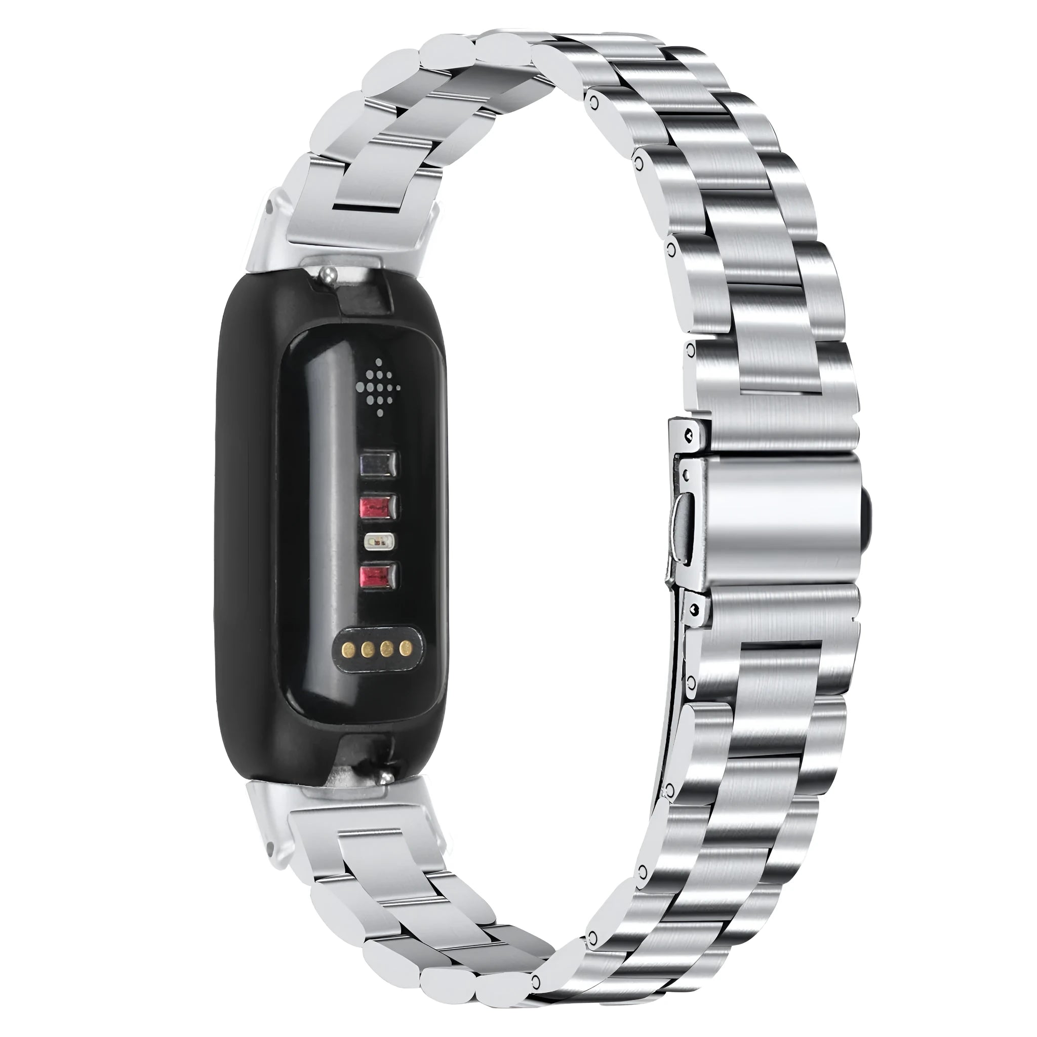 Stainless steel three-bead watch strap for Fitbit Inspire 3 fitness tracker showing adjustable clasp and bead detail