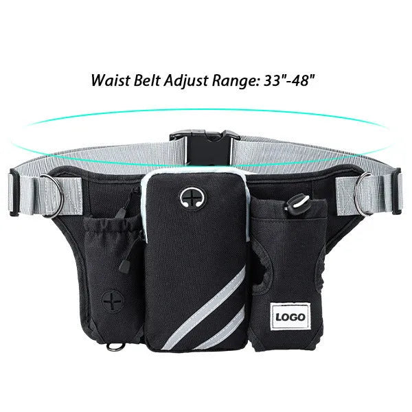 Black nylon outdoor dog walking set showing a waist bag and a hand-holding leash with collar attachment.