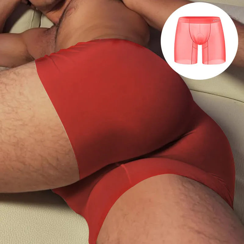 Men's seamless nylon boxer briefs in orange pink and red with U convex low waist design for sports and summer