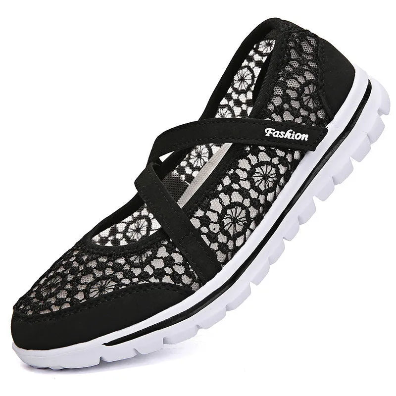 Women's breathable mesh casual lace-up shoes in beige, black, blue, light gray, and light purple colours