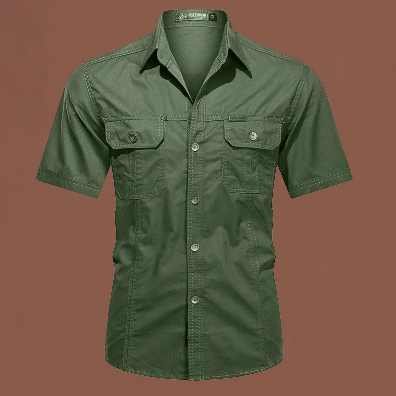 Men's loose fit cotton short sleeve work shirt in army green with non-iron treatment