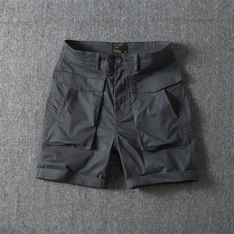 Men's straight-leg cotton cargo shorts with multiple pockets in khaki colour on a neutral background