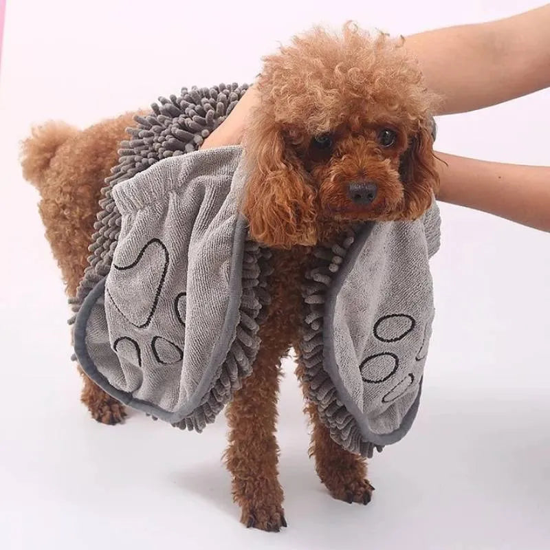 Blue pet bath robe towel wrapped around a dog, showing quick-dry fabric and bathrobe style design.