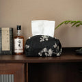 New Chinese style brocade tissue box cover with embroidered white plum pattern, shown with and without a pearl buckle.