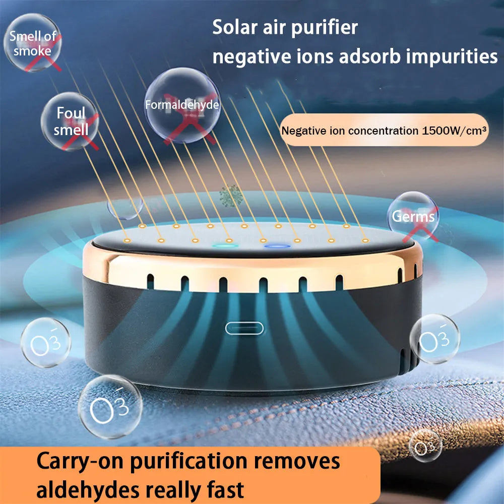 Black solar-powered car humidifier mounted on a vehicle air conditioning vent.