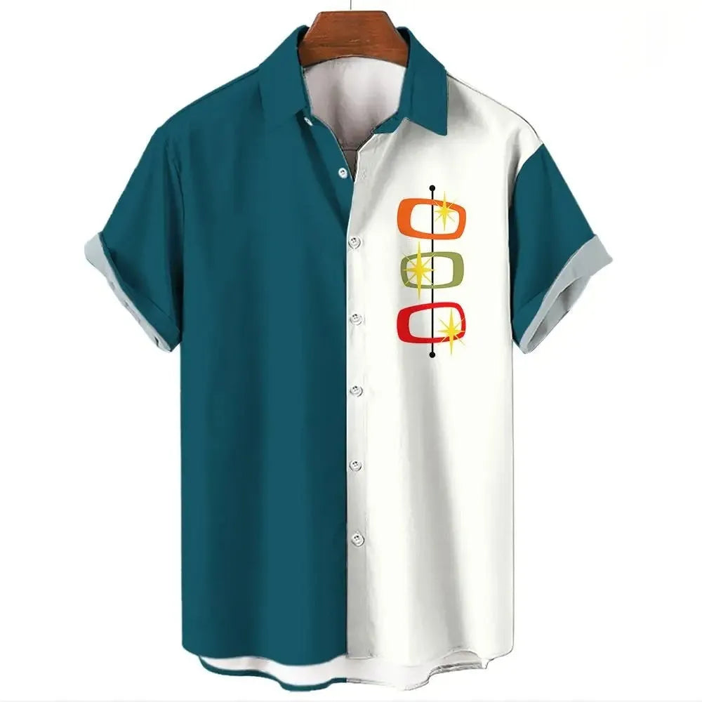 A man's striped Hawaiian short-sleeve shirt in polyester, shown in one of the available colours.