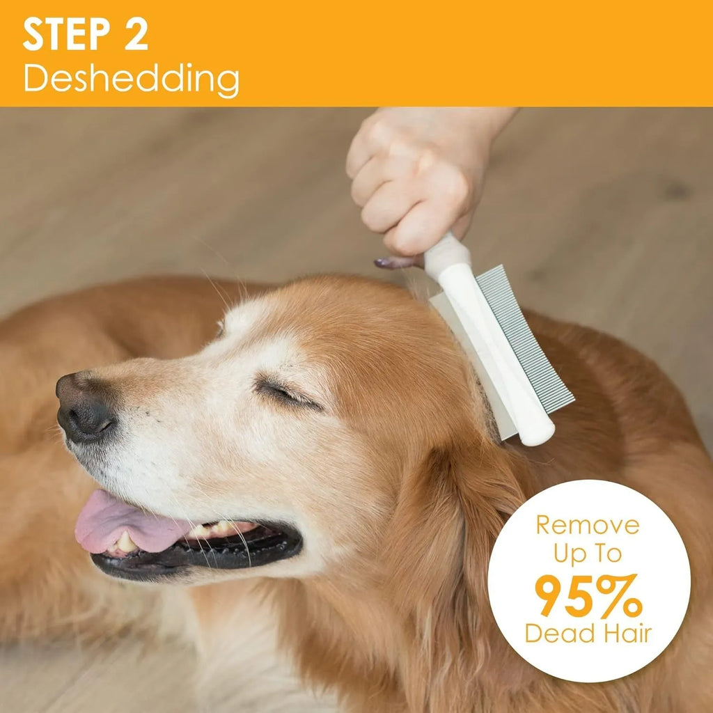 White 2-in-1 professional pet grooming brush with curved comb and deshedding brush sides on a textured handle.
