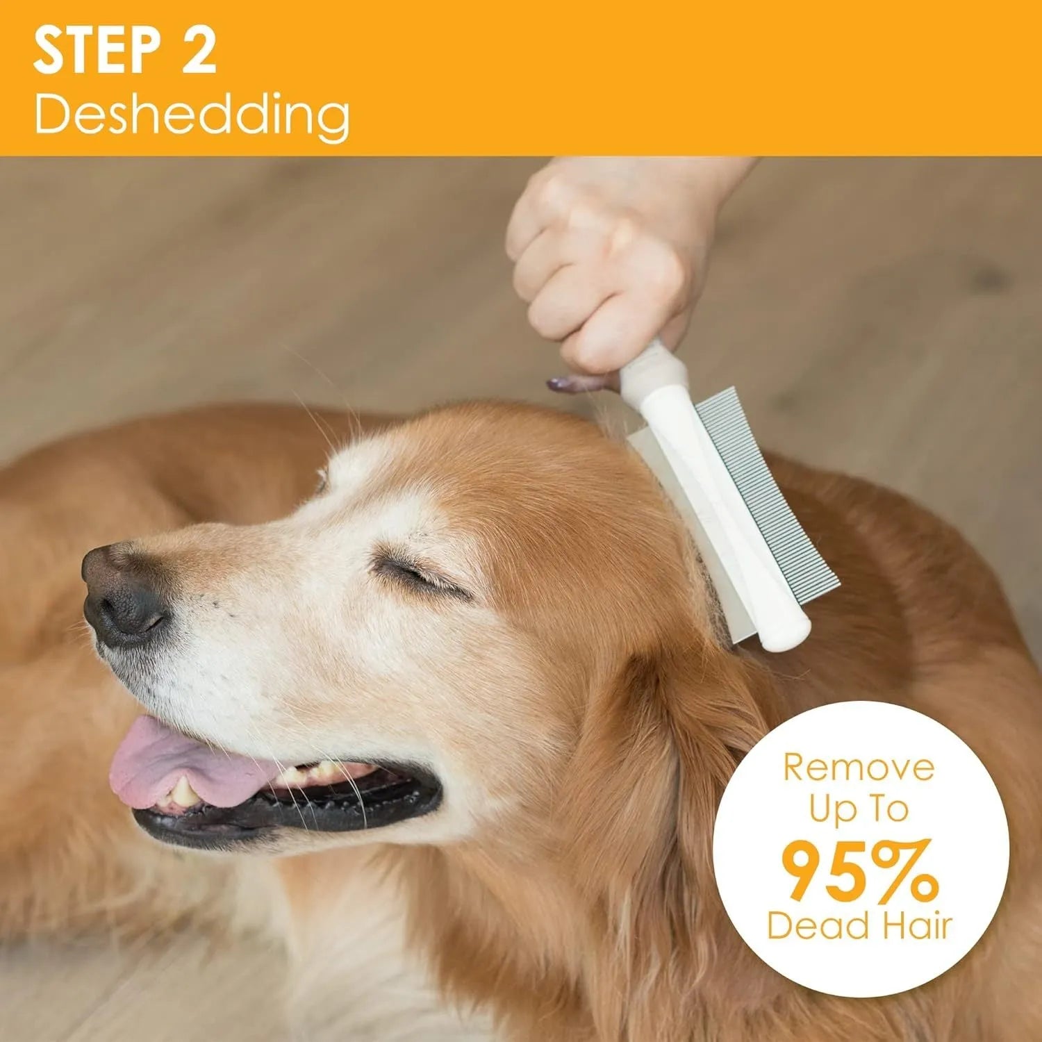 White 2-in-1 professional pet grooming brush with curved comb and deshedding brush sides on a textured handle.