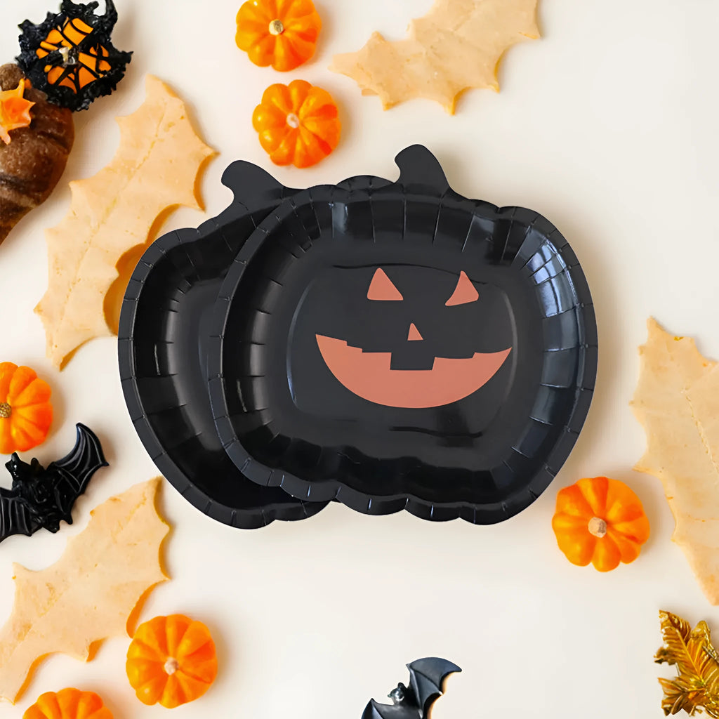 Black Halloween pumpkin design disposable paper plates in 9-inch size for parties