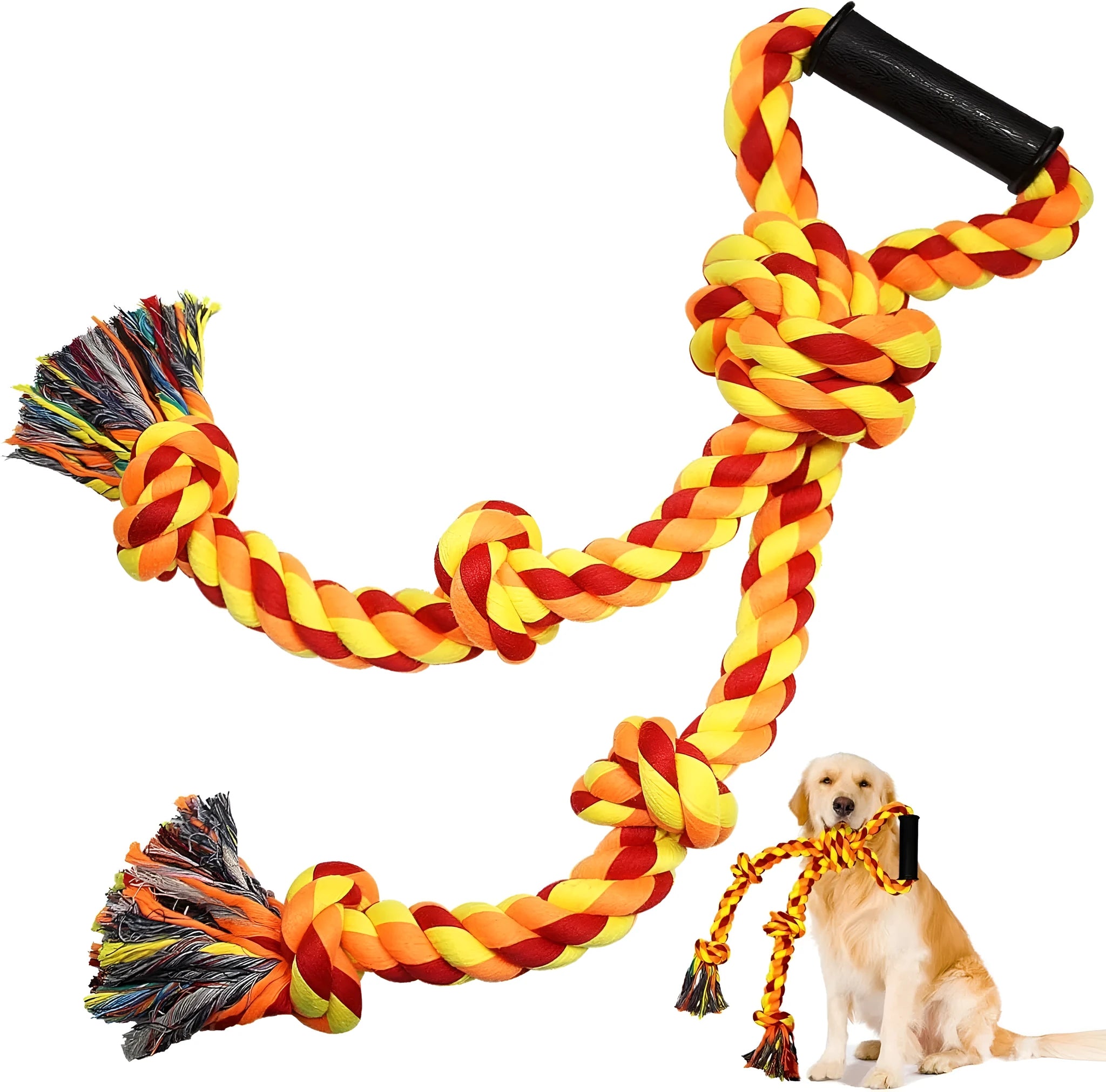 Blue and yellow woven cotton rope dog tug toy with a textured handle for large breed dogs.