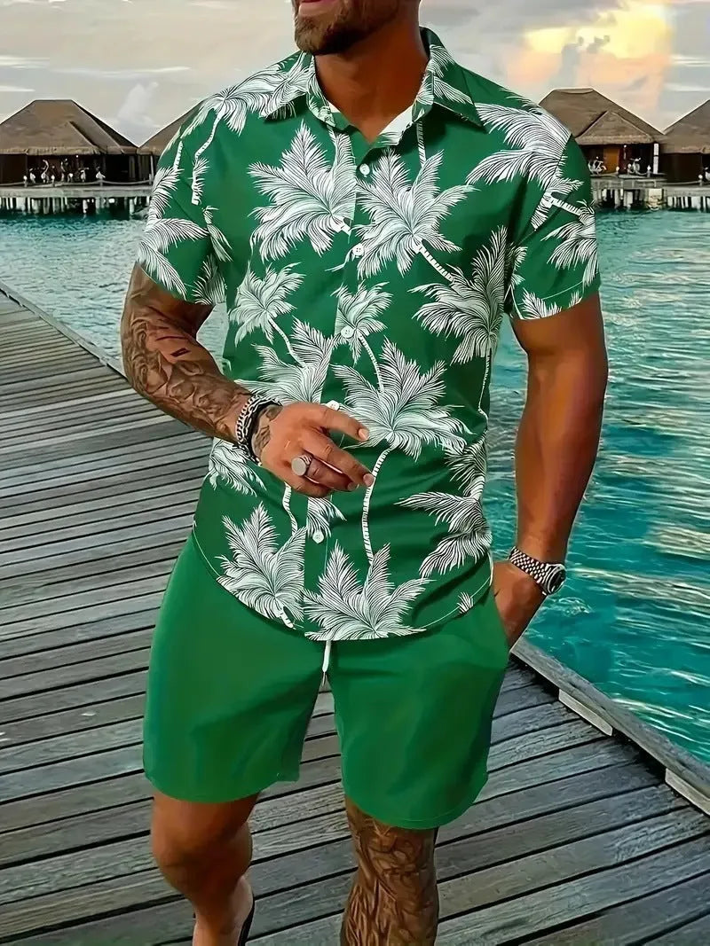 Men's Hawaiian patterned short sleeve suit with 3D print design and matching shorts