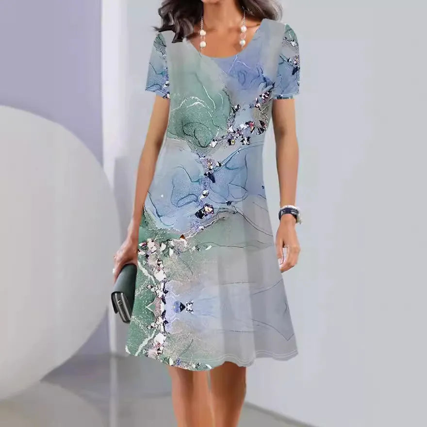 Fresh sweet style A-line mid-length dress with painted plants and flowers pattern on ice silk fabric