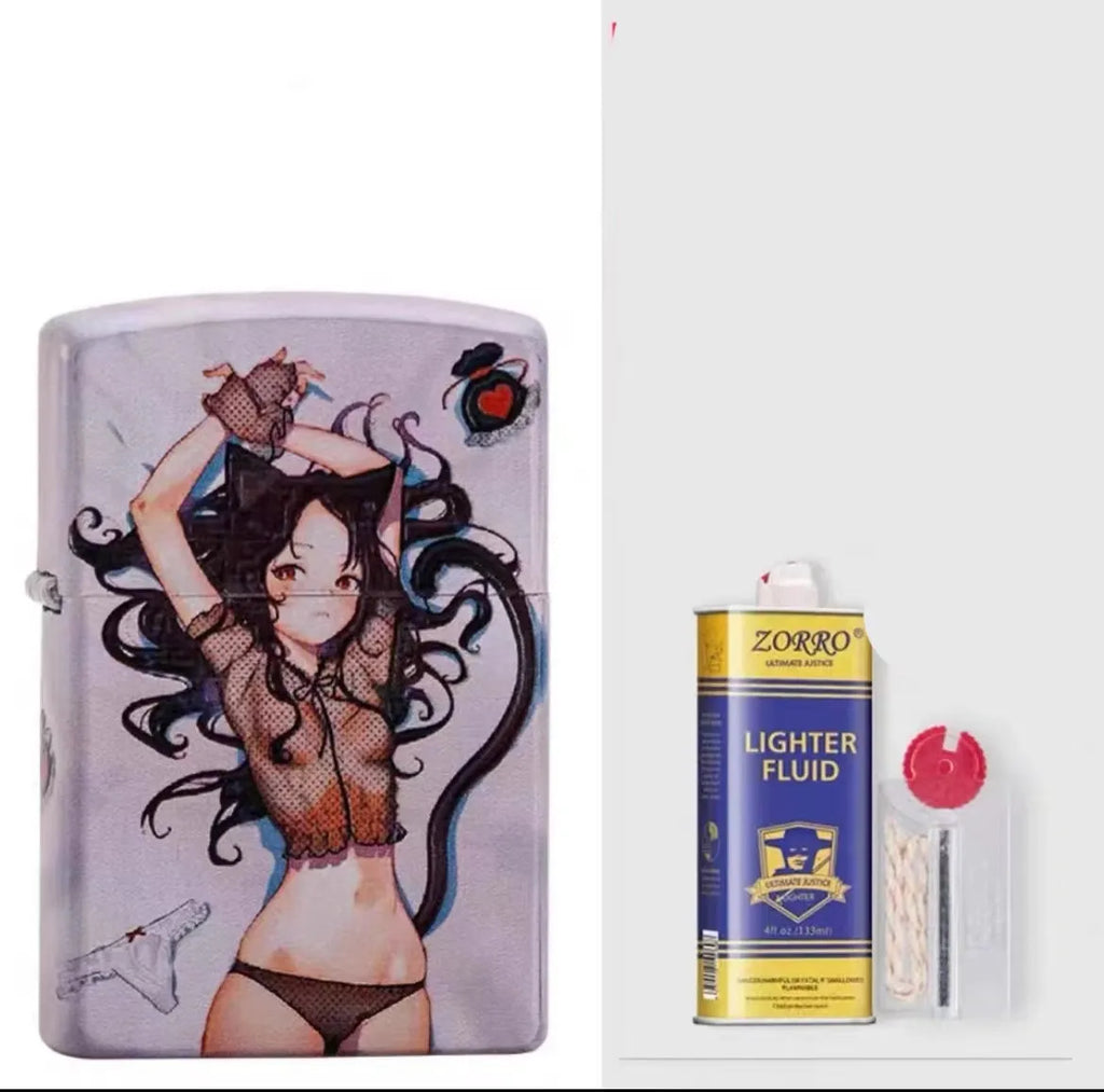 Windproof kerosene lighter with decorative copper case showing artistic design