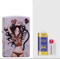 Windproof kerosene lighter with decorative copper case showing artistic design